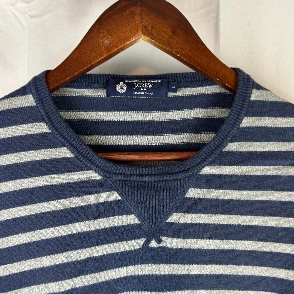 J‎ Crew Mens Striped Crewneck Sweater Cotton Cashmere Navy Grey Size L
